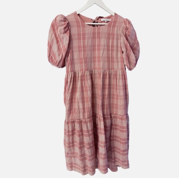 English Factory Pink Plaid Puff Sleeve Tie Back Tiered Midi Dress Women's M - Picture 2 of 8